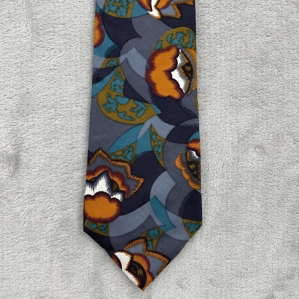 Vintage Oscar de la Renta Couture Collection Abstract Blue Brown Tie 100% Silk - Picture 1 of 5